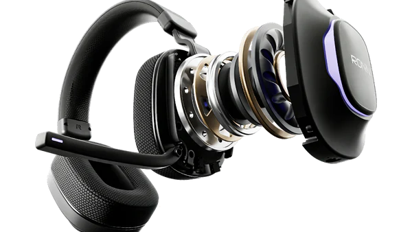 Black gaming headset with RGB lighting on a white background